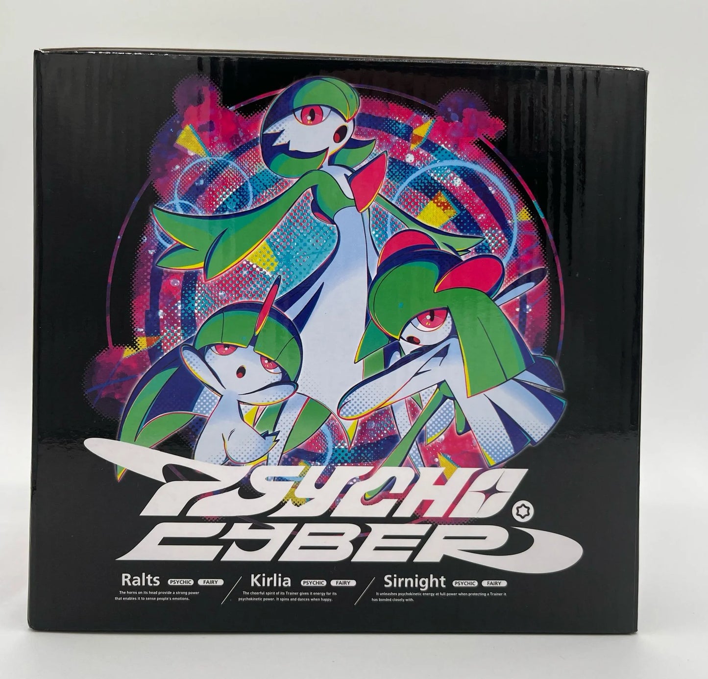 Left side of sealed Pokémon Center box containing Ralts, Kirlia and Gardevoir light-up figure