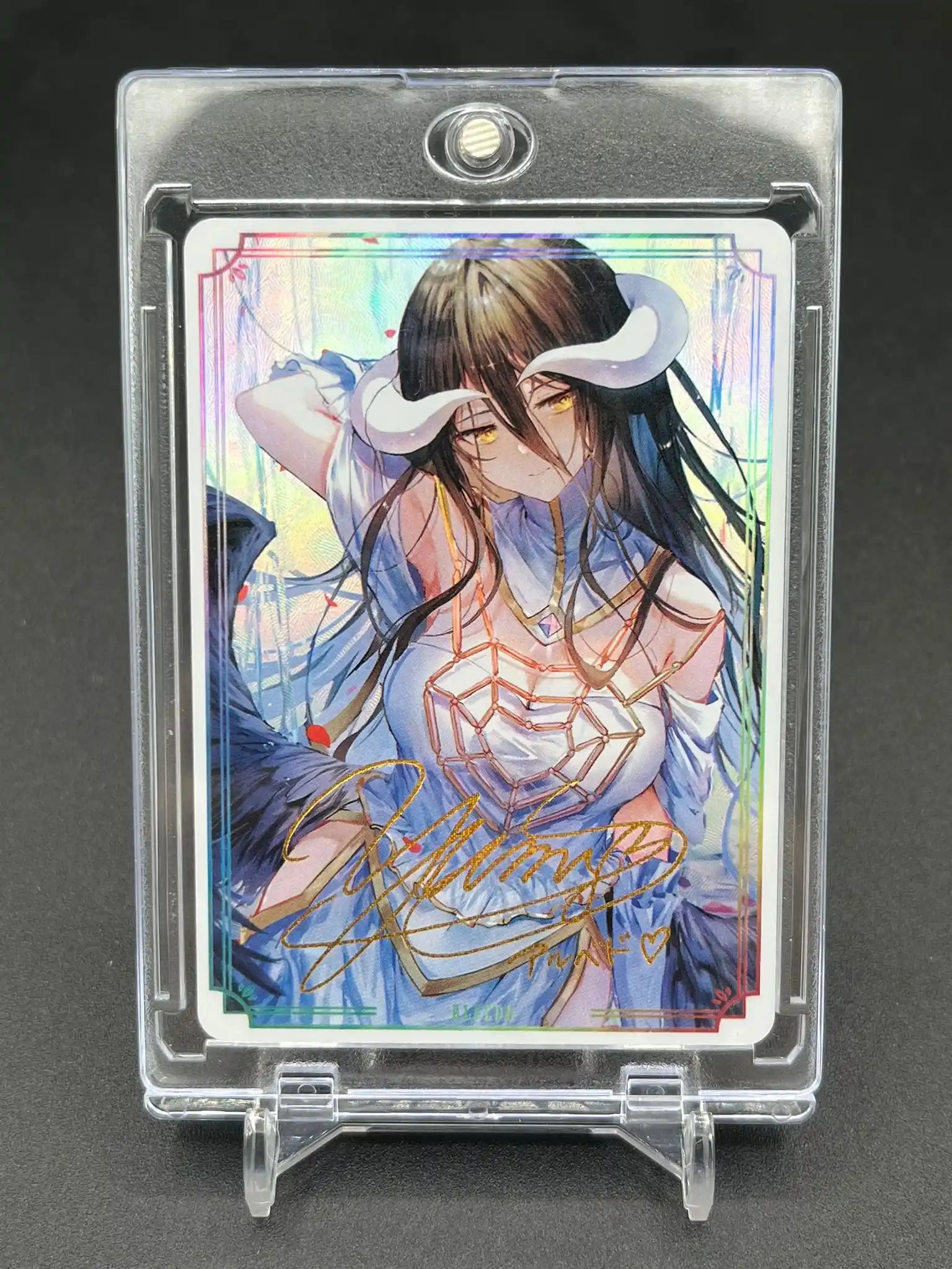 Front view of Albedo Overlord Custom Waifu Card Flash Gold Signature Rare with display stand