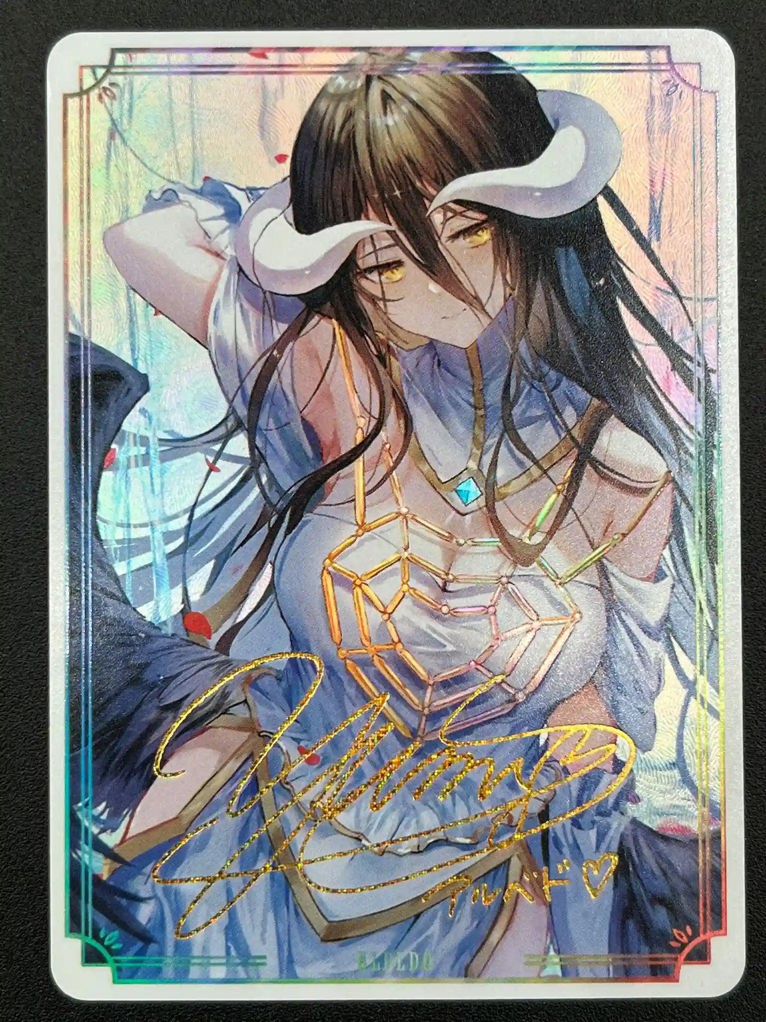 Front view of Albedo Overlord Custom Waifu Card Flash Gold Signature Rare without display