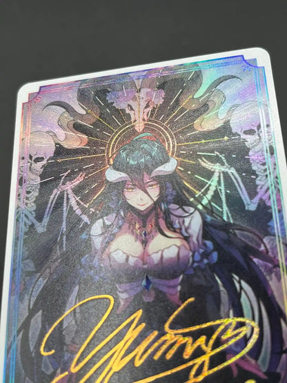 Detailed view highlighting the holographic effects and foil on Albedo Overlord Waifu Collector Card