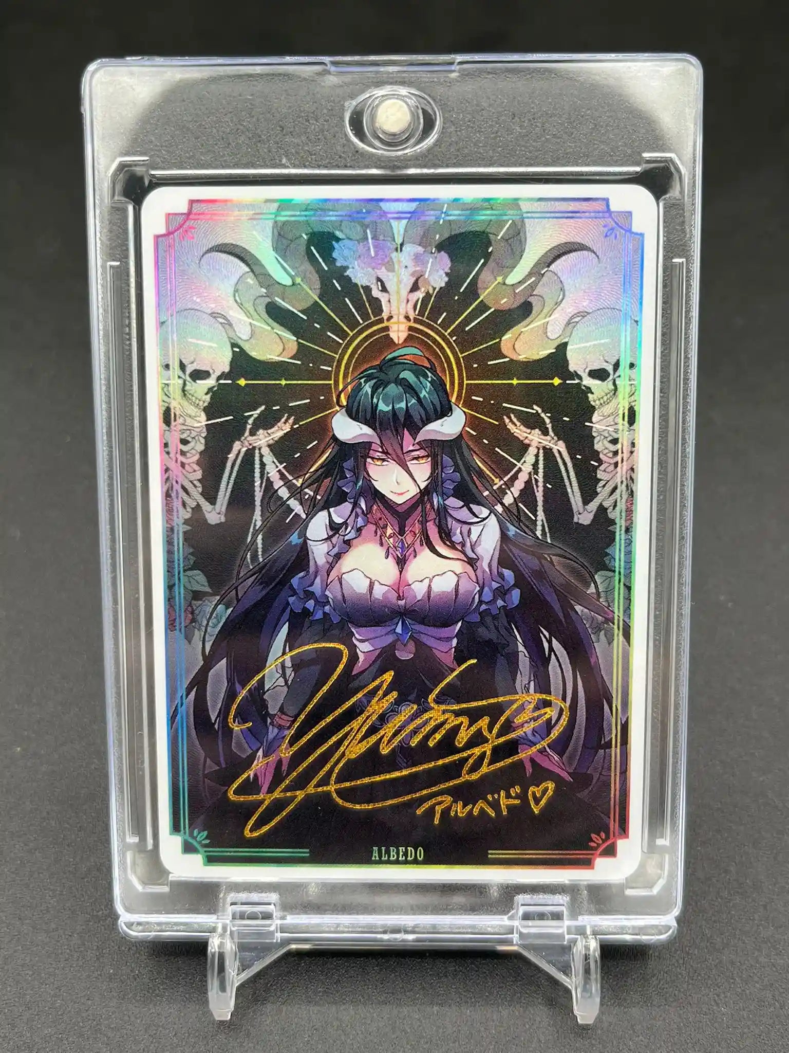 Front view of Albedo Overlord Waifu Collector Card Rare Flash Gold Foil Signature with display stand