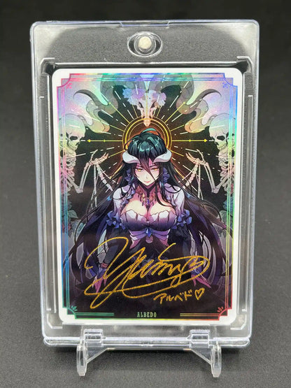 Front view of Albedo Overlord Waifu Collector Card Rare Flash Gold Foil Signature with display stand