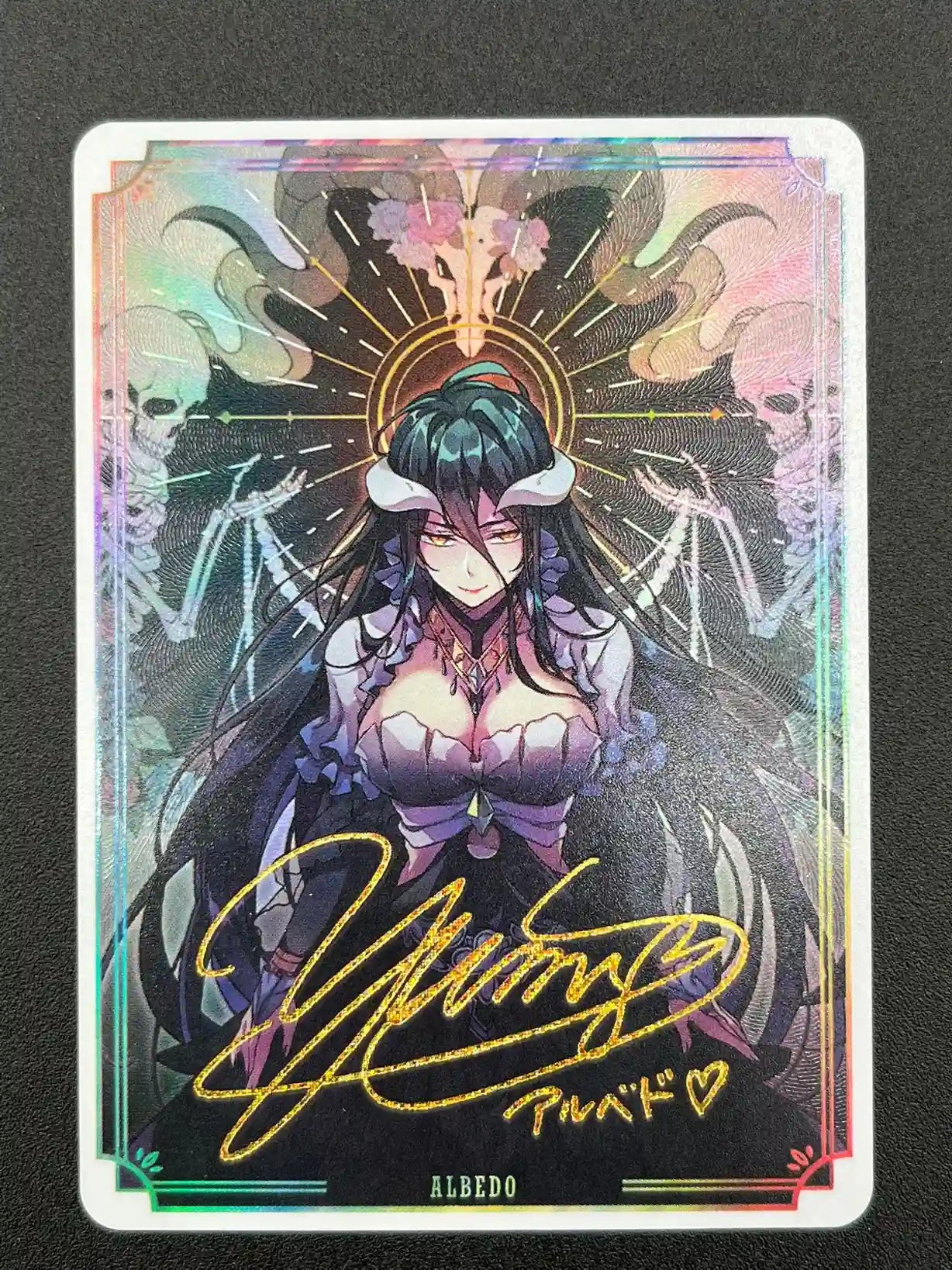 Front view of Albedo Overlord Waifu Collector Card Rare Flash Gold Foil Signature without display