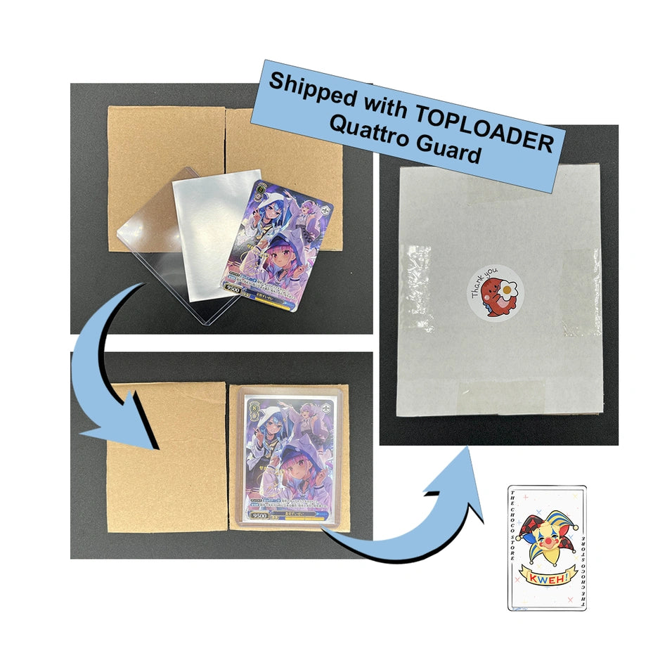 Illustration of Choco Vault’s Quattro Guard shipping method: card sleeved, top-loadered, with reinforced cardboard protection