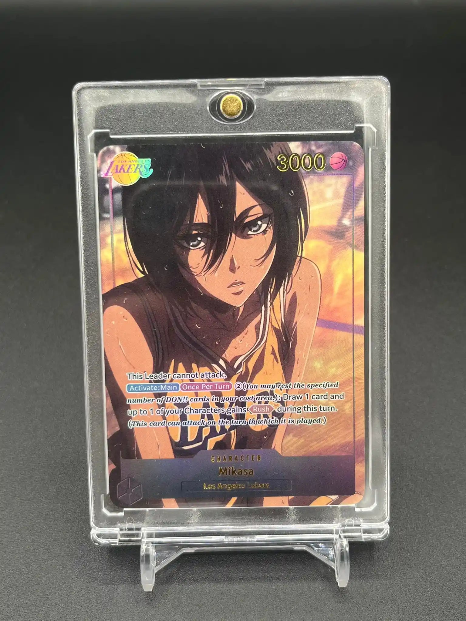 Vue de face de la carte personnalisée Mikasa – Attack on Titan SNK Waifu Anime Lakers Basketball Edition